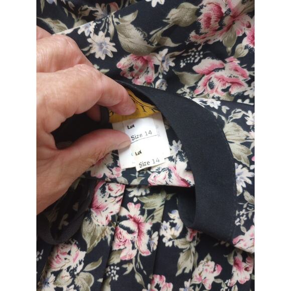 Vintage Dress 14 Large Long Sleeve Pleated Black Pink Flowers Secretary Breli - Picture 8 of 10